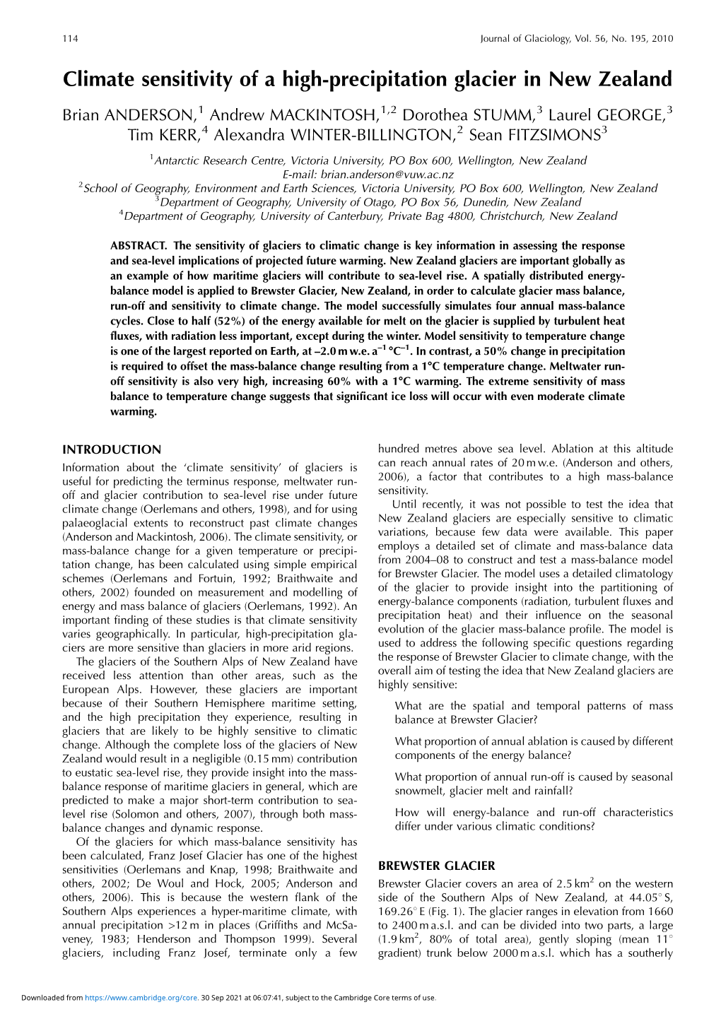 Climate Sensitivity of a High-Precipitation Glacier in New Zealand