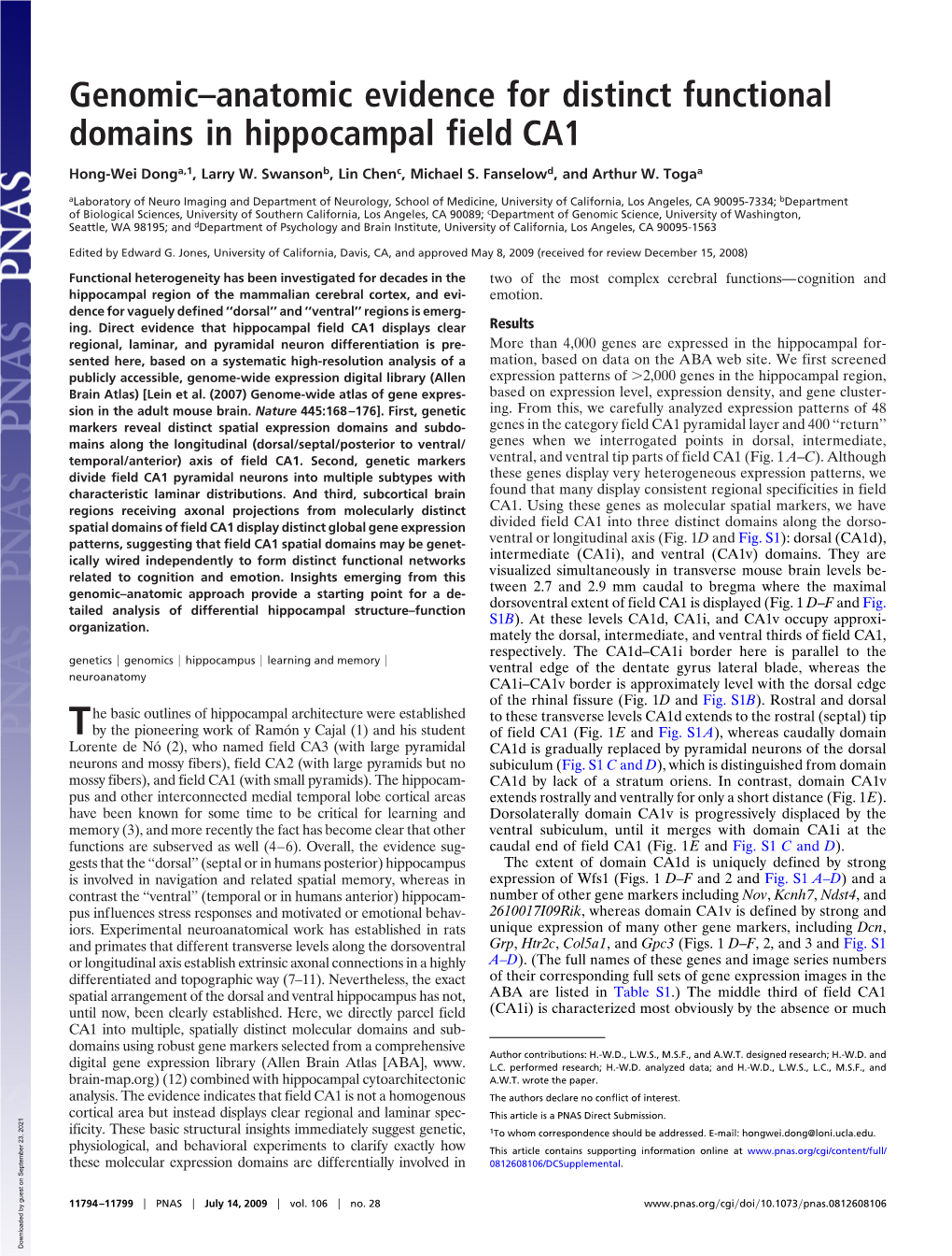 Genomic–Anatomic Evidence for Distinct Functional Domains in Hippocampal Field CA1