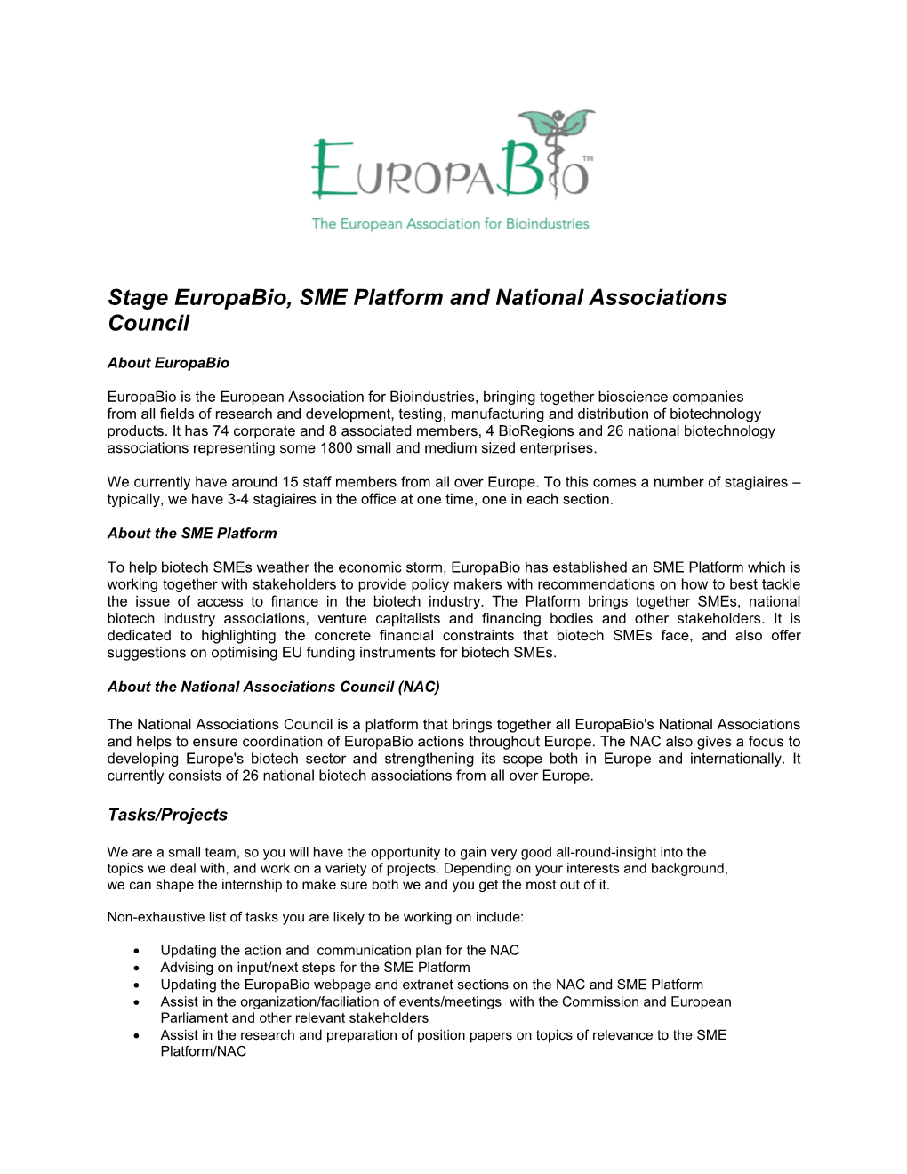 Stage Europabio, SME Platform and National Associations Council