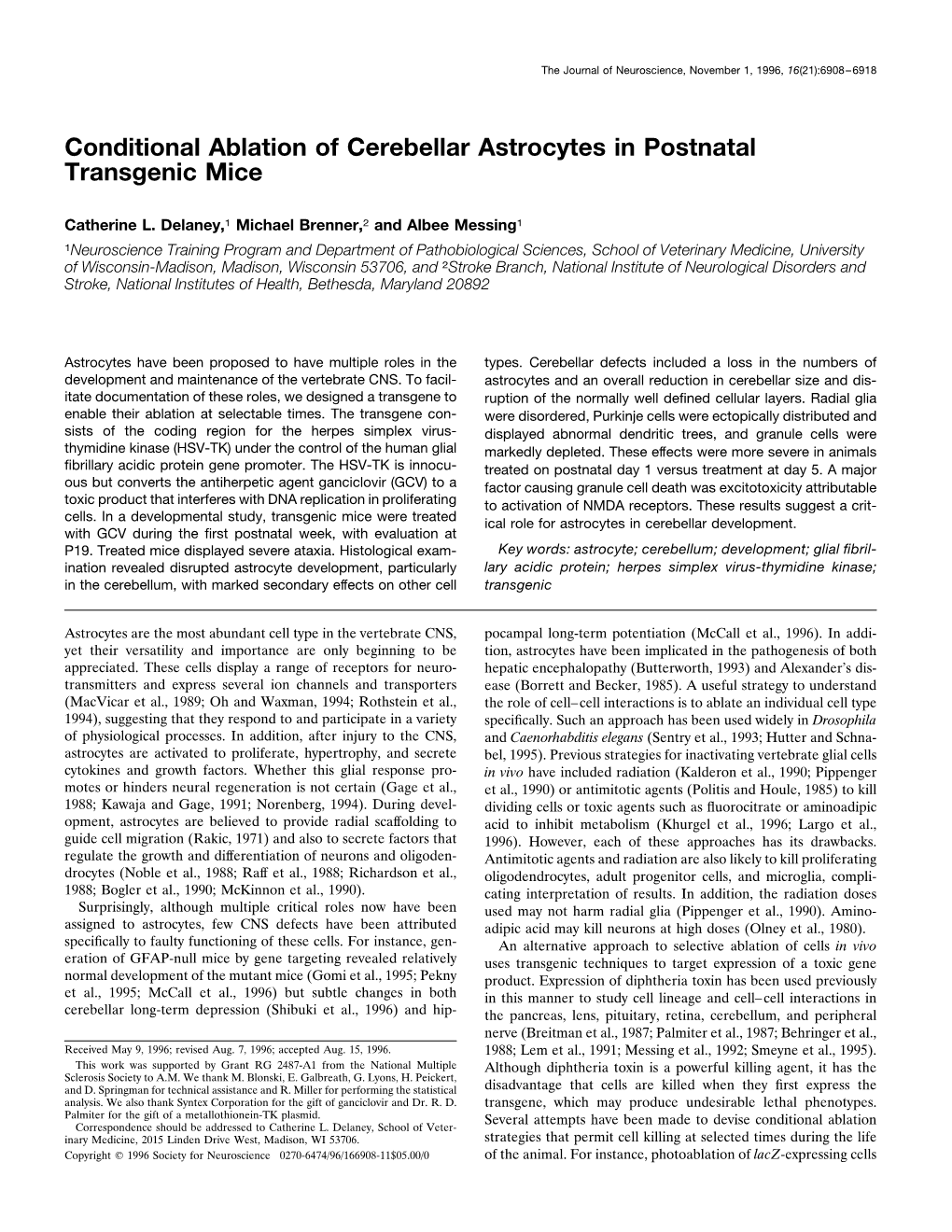 Conditional Ablation of Cerebellar Astrocytes in Postnatal Transgenic Mice