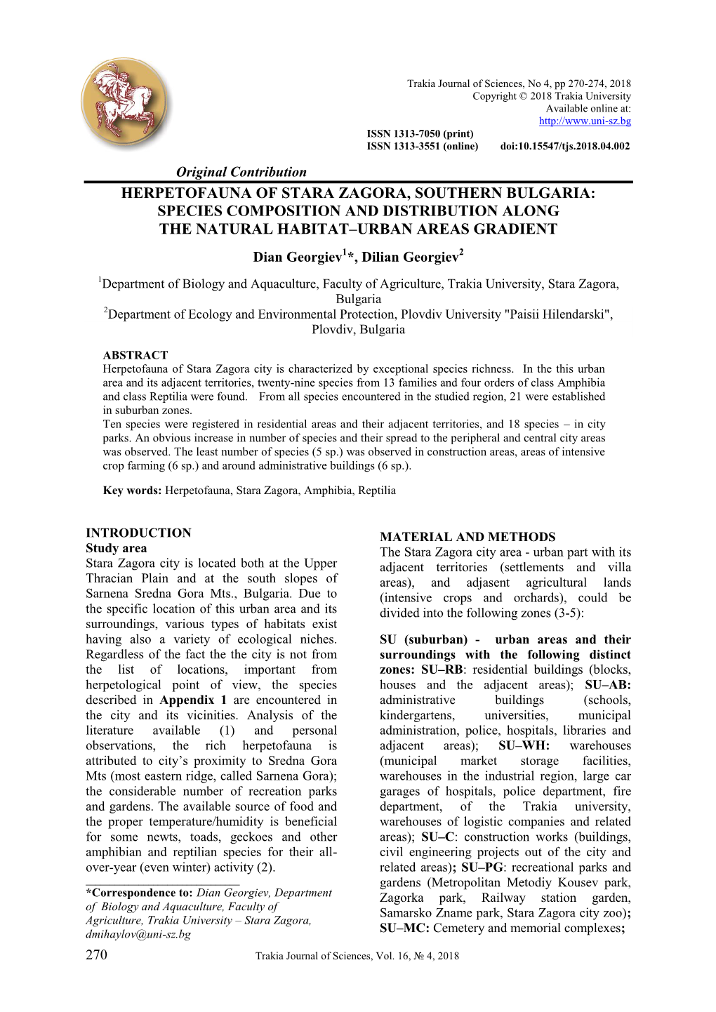 Herpetofauna of Stara Zagora, Southern Bulgaria: Species Composition and Distribution Along the Natural Habitat–Urban Areas Gradient