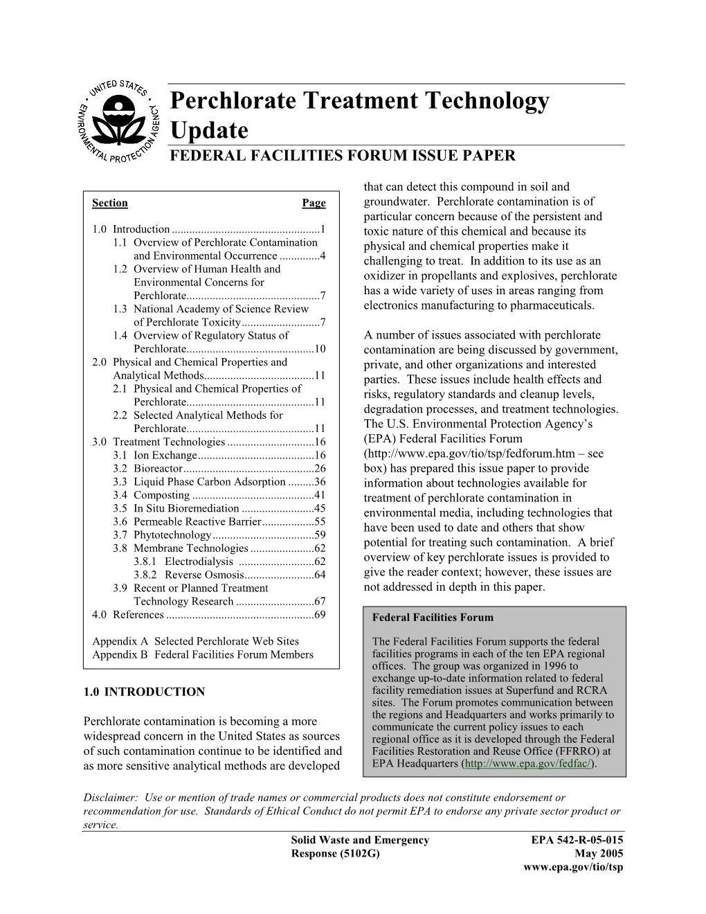 Perchlorate Treatment Technology Update FEDERAL FACILITIES FORUM ISSUE PAPER