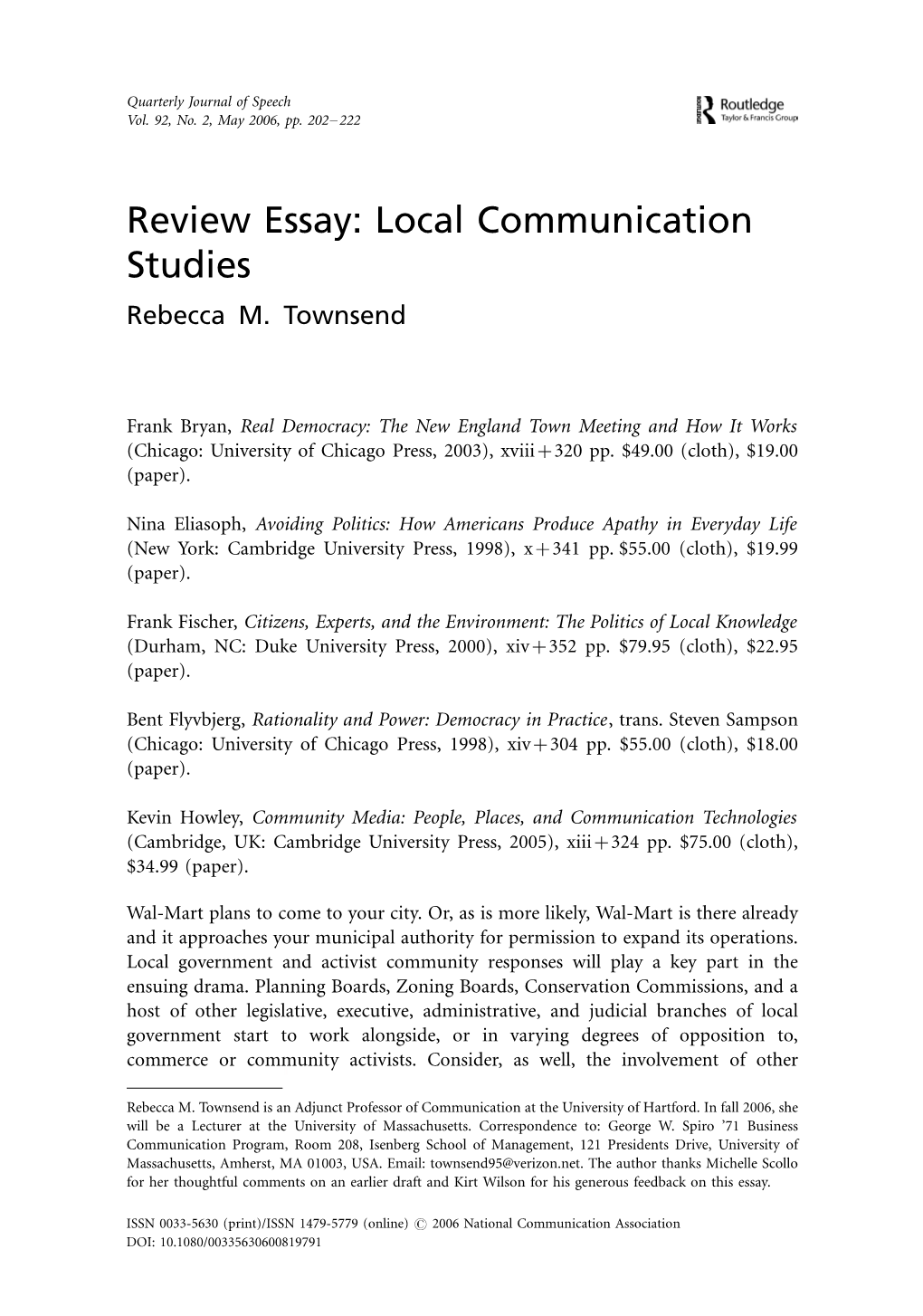 Review Essay: Local Communication Studies Rebecca M