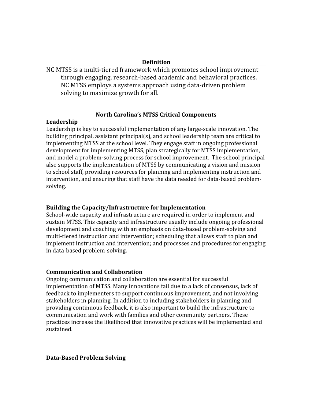 North Carolina S MTSS Critical Components