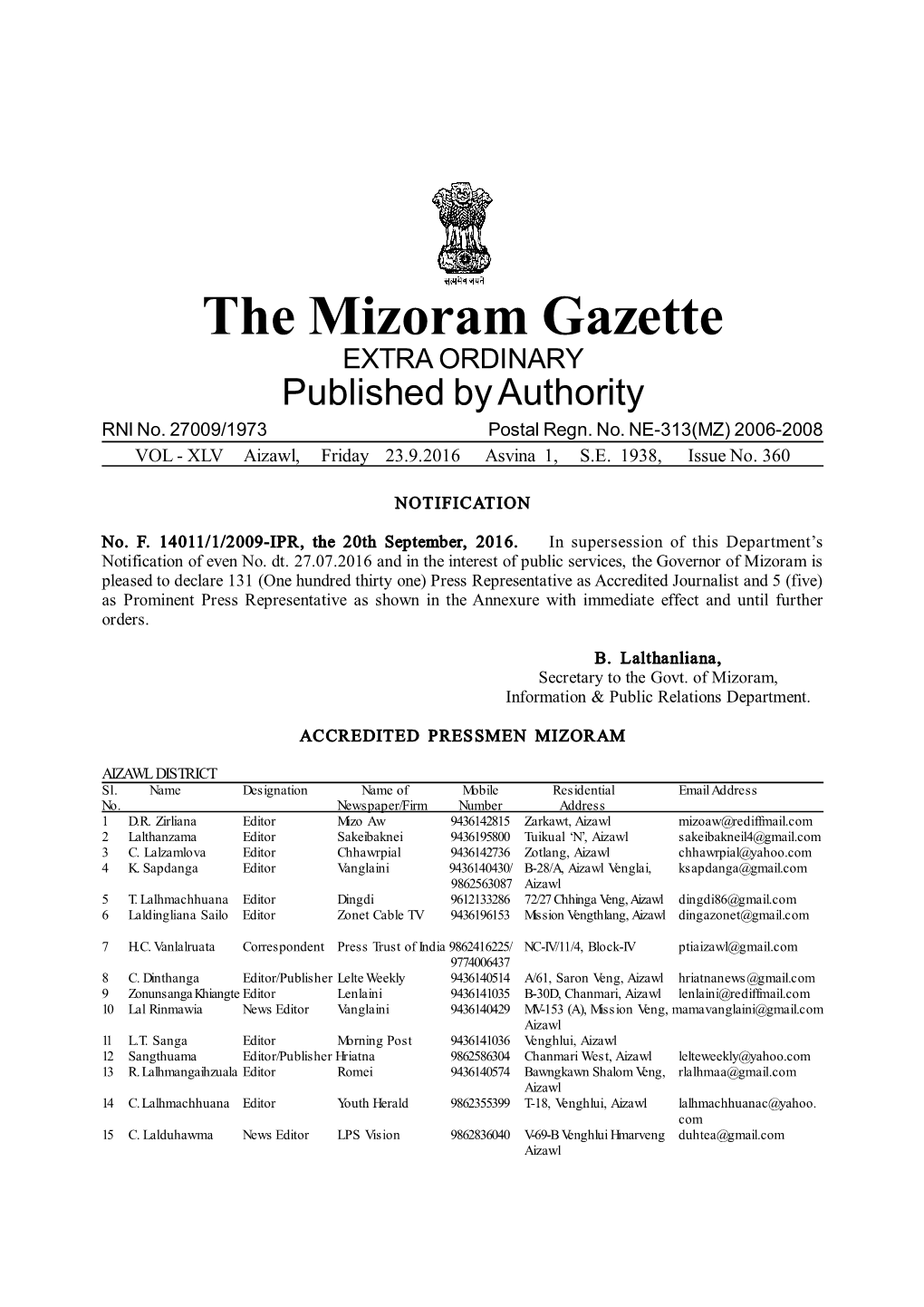 The Mizoram Gazette EXTRA ORDINARY Published by Authority RNI No