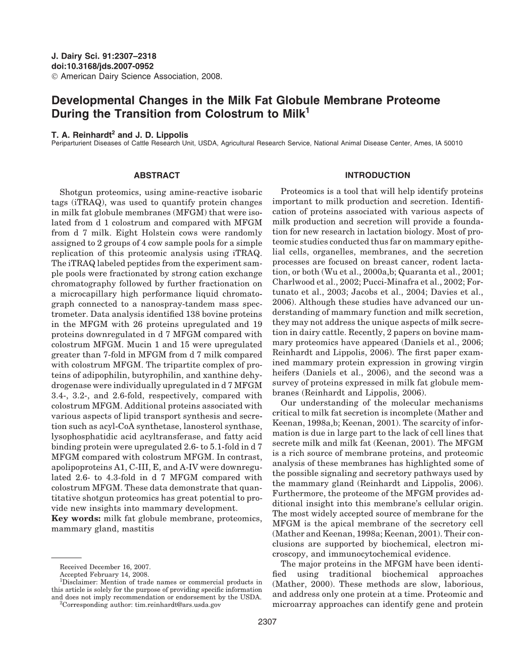 Developmental Changes in the Milk Fat Globule Membrane Proteome During the Transition from Colostrum to Milk1