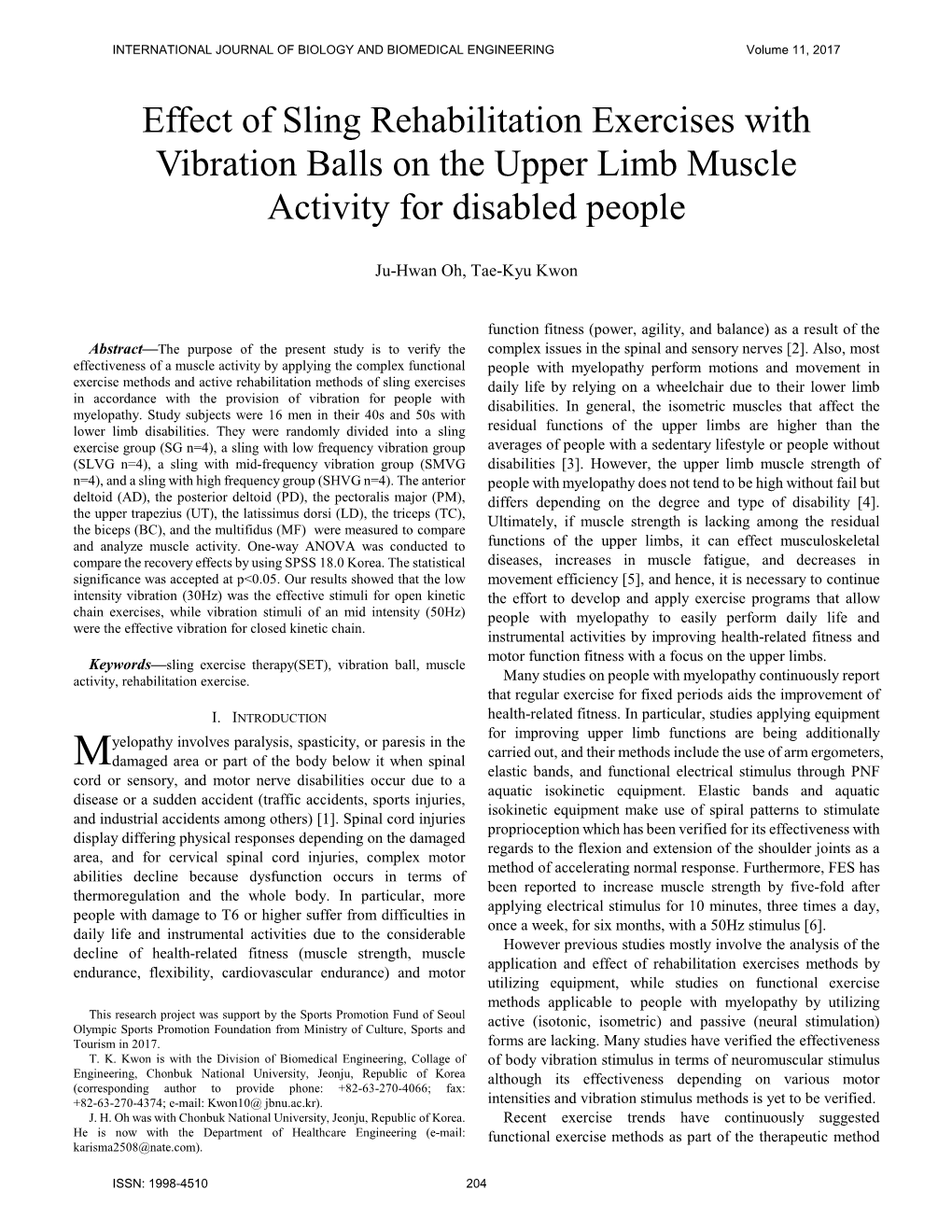Effect of Sling Rehabilitation Exercises with Vibration Balls on the Upper Limb Muscle Activity for Disabled People