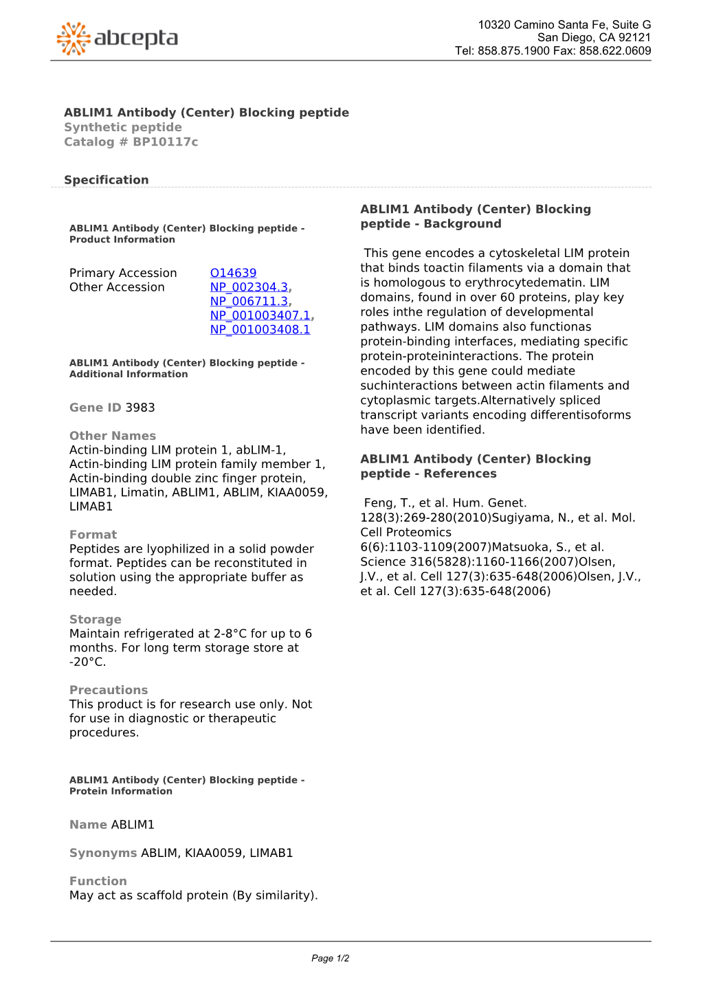 ABLIM1 Antibody (Center) Blocking Peptide Synthetic Peptide Catalog # Bp10117c