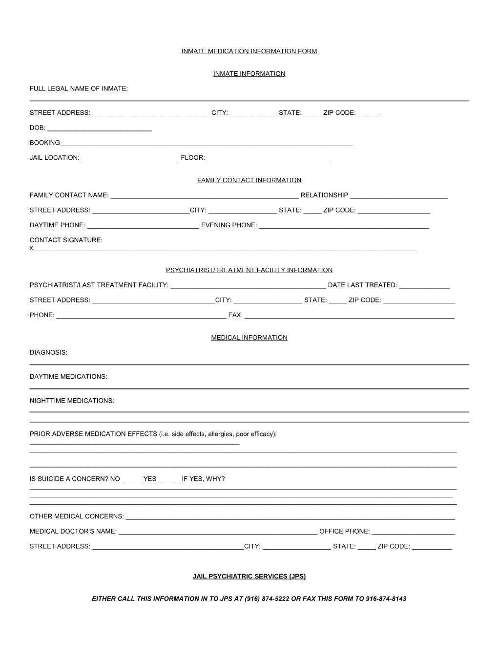 Inmate Medication Information Form