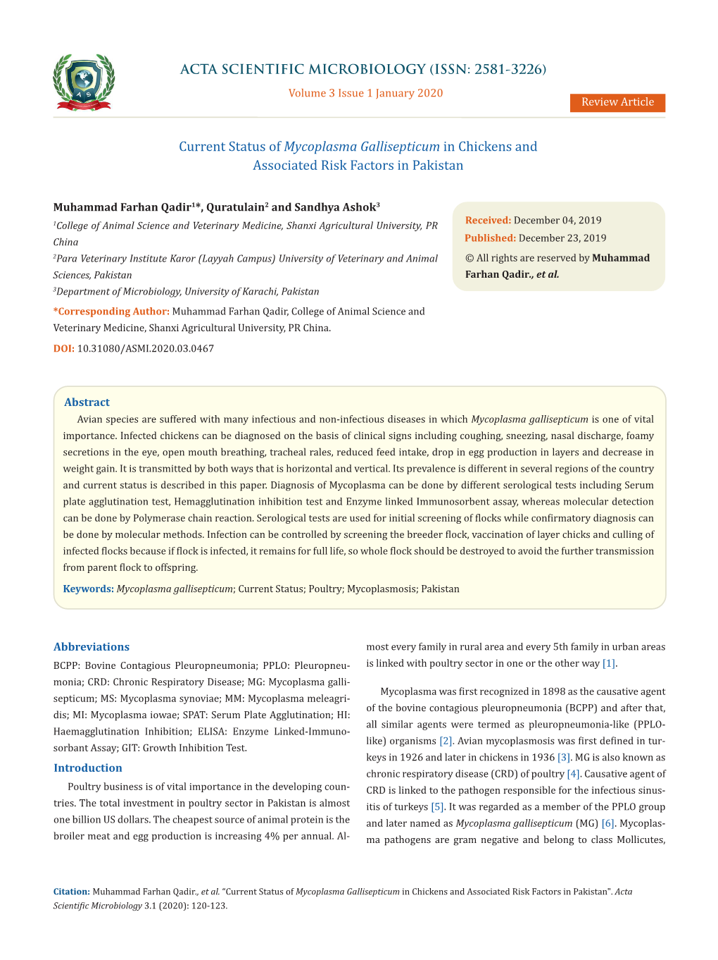 Current Status of Mycoplasma Gallisepticum in Chickens and Associated Risk Factors in Pakistan