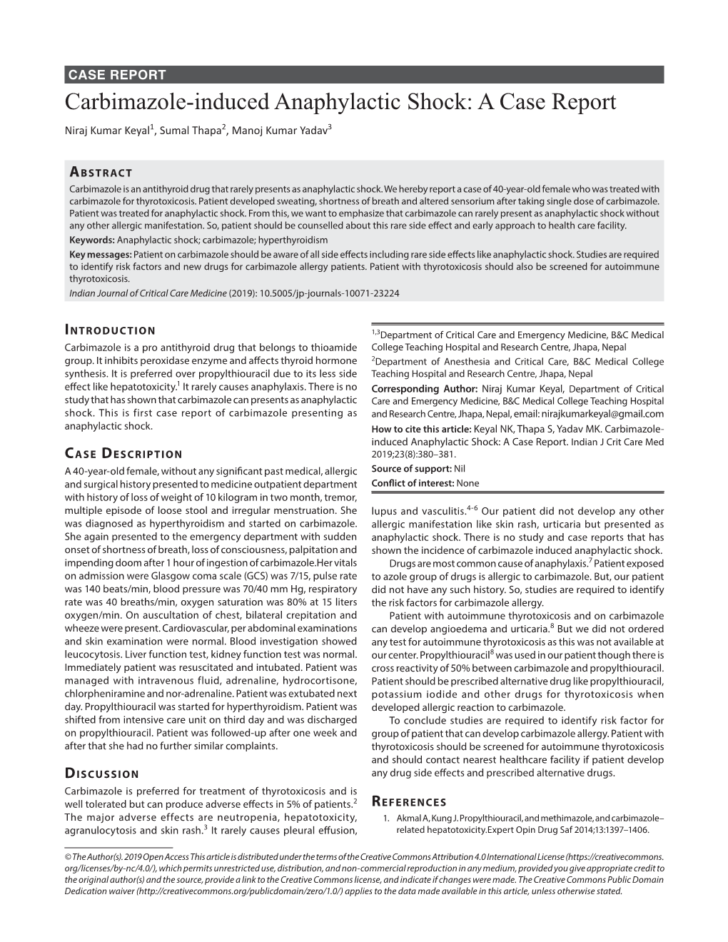 Carbimazole-Induced Anaphylactic Shock: a Case Report Niraj Kumar Keyal1, Sumal Thapa2, Manoj Kumar Yadav3