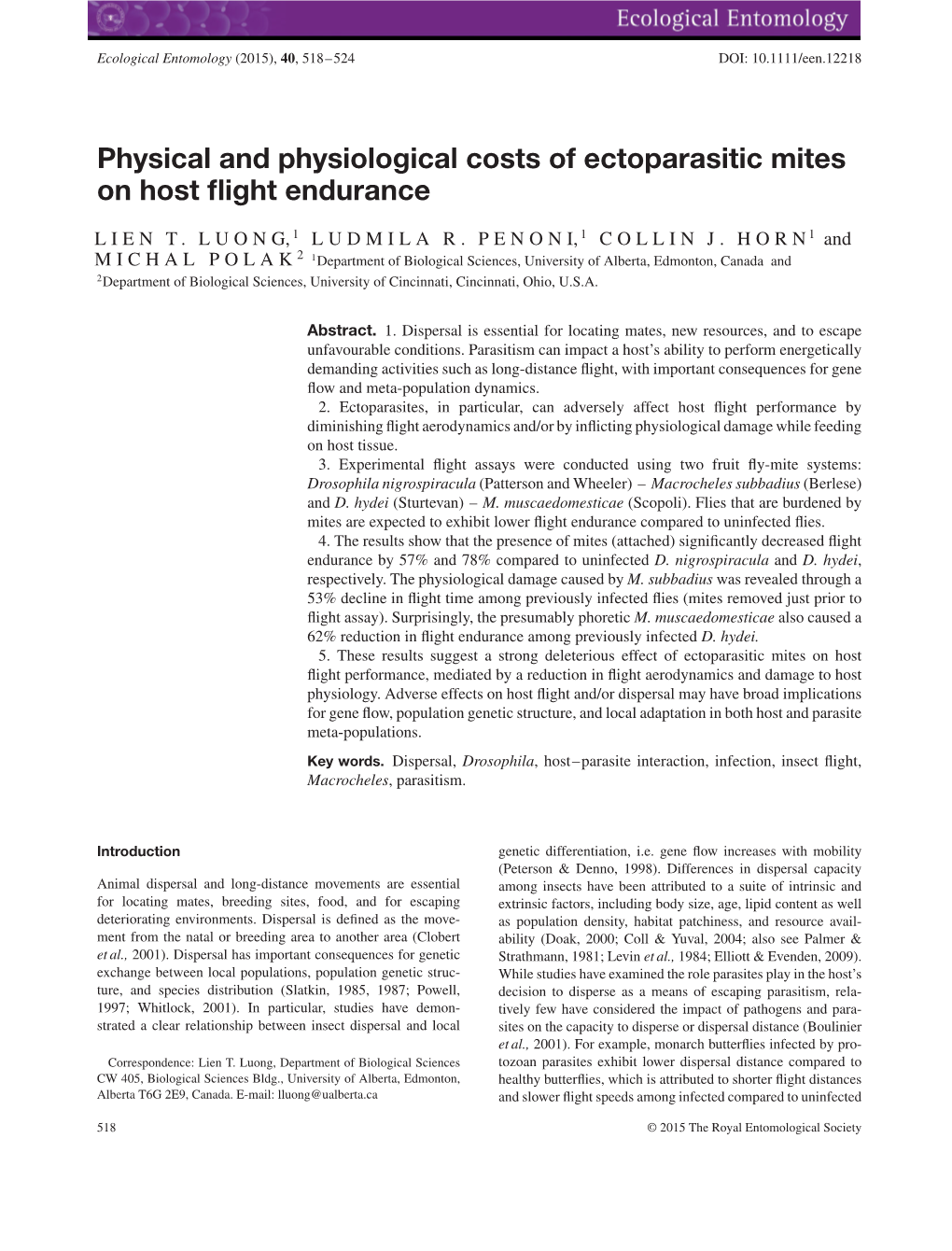Physical and Physiological Costs of Ectoparasitic Mites on Host Flight