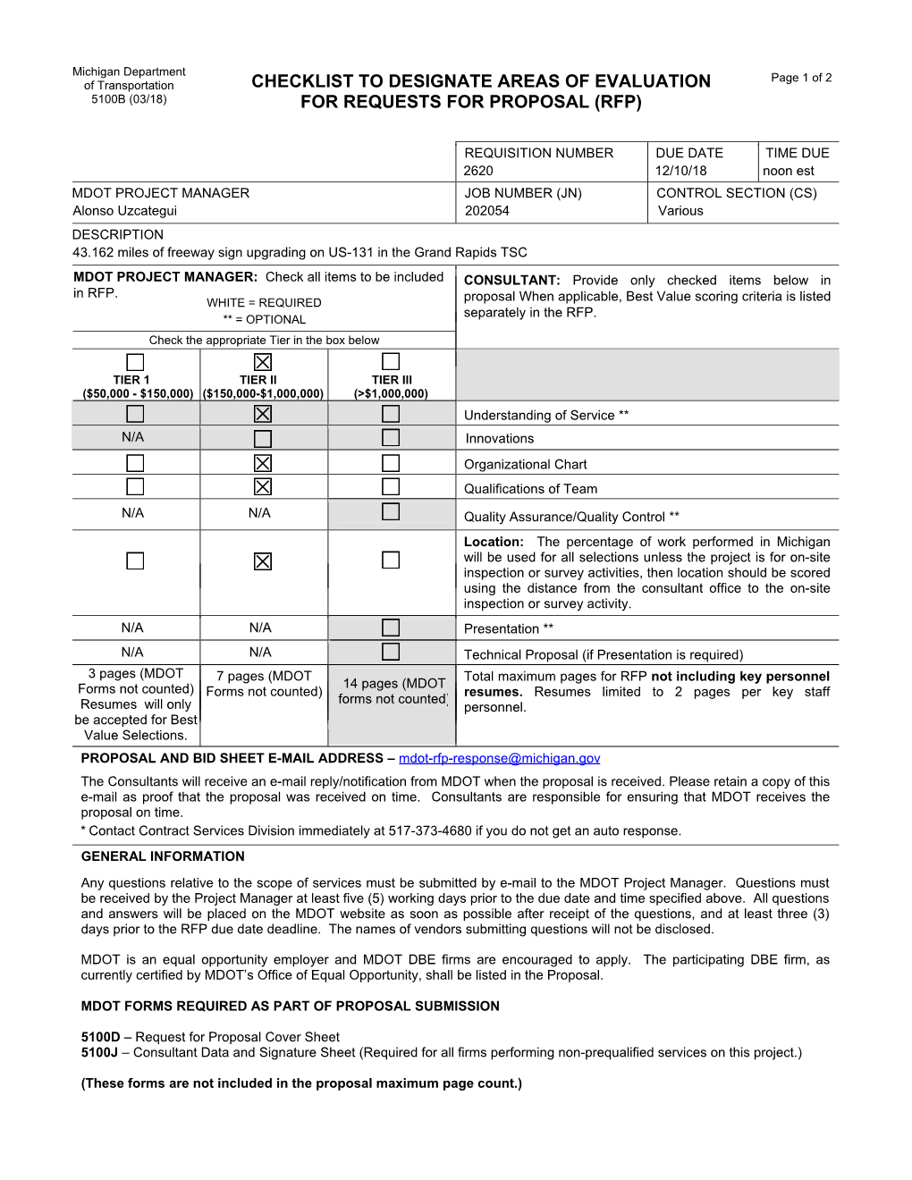 Checklist to Designate Areas of Evaluation for Requests for Proposal