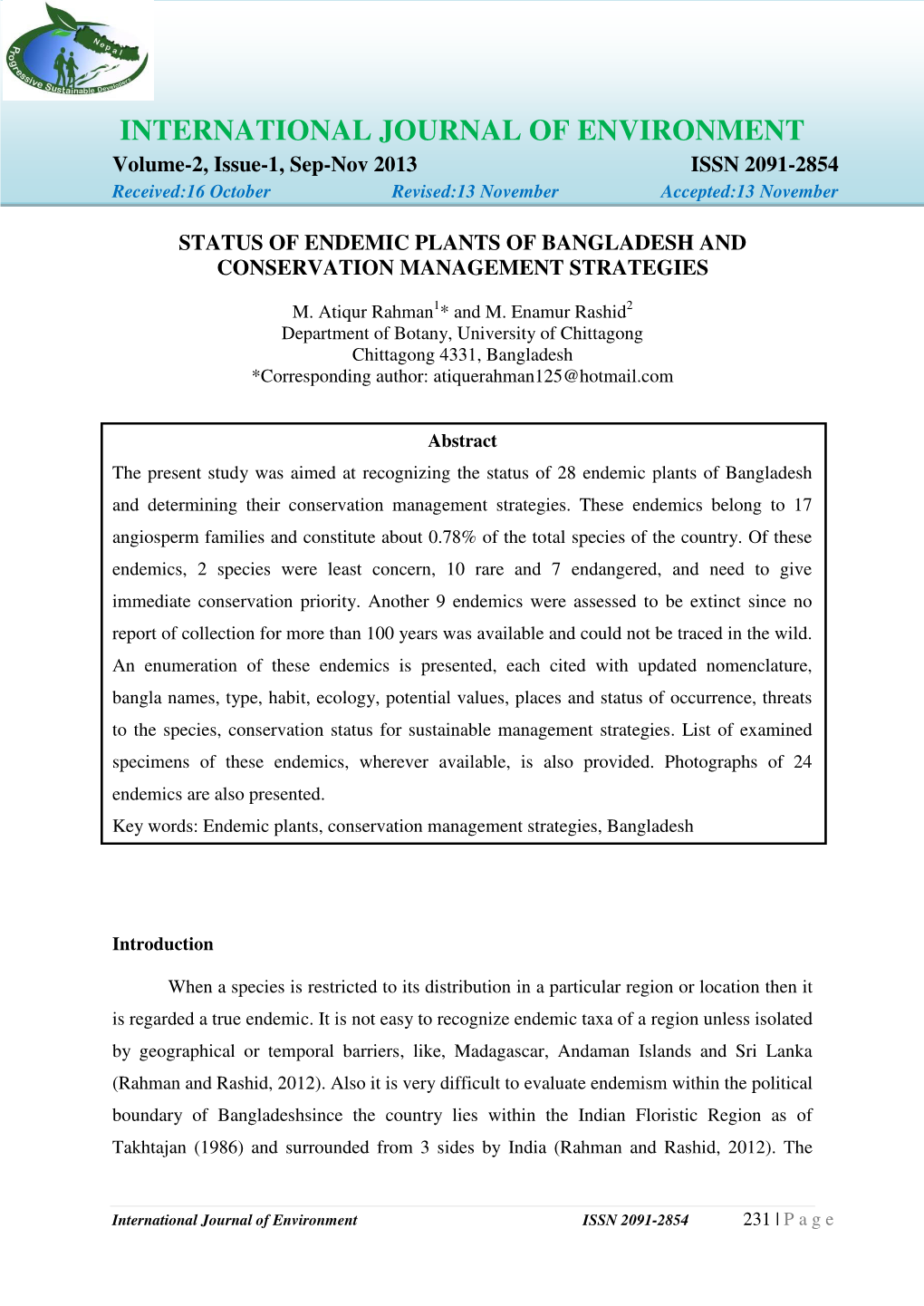 INTERNATIONAL JOURNAL of ENVIRONMENT Volume-2, Issue-1, Sep-Nov 2013 ISSN 2091-2854 Received:16 October Revised:13 November Accepted:13 November