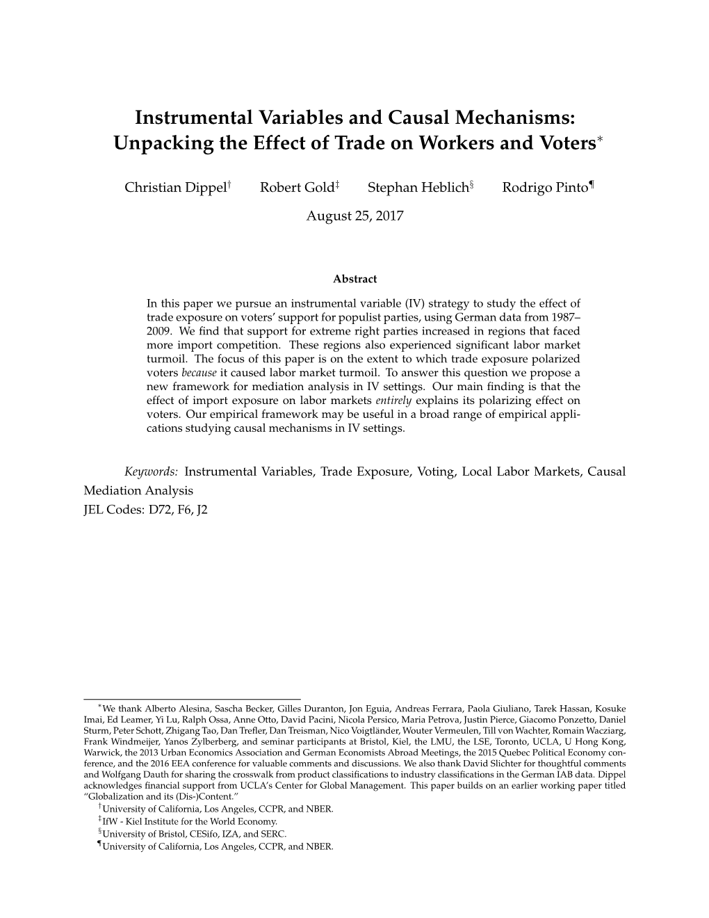 Instrumental Variables and Causal Mechanisms: Unpacking the Effect of Trade on Workers and Voters∗