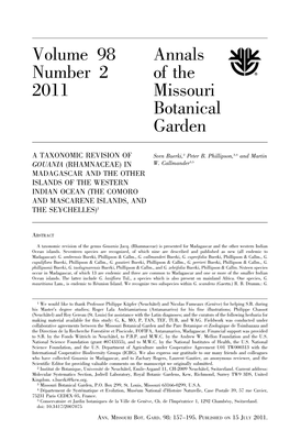 Volume 98 Annals Number 2 of the 2011 Missouri Botanical Garden