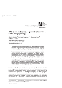 Of Two Minds: Sceptic–Proponent Collaboration Within Parapsychology