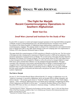 The Fight for Marjah: Recent Counterinsurgency Operations in Southern Afghanistan