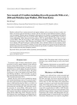 New Records of 13 Rotifers Including Bryceella Perpusilla Wilts Et Al., 2010 and Philodina Lepta Wulfert, 1951 from Korea