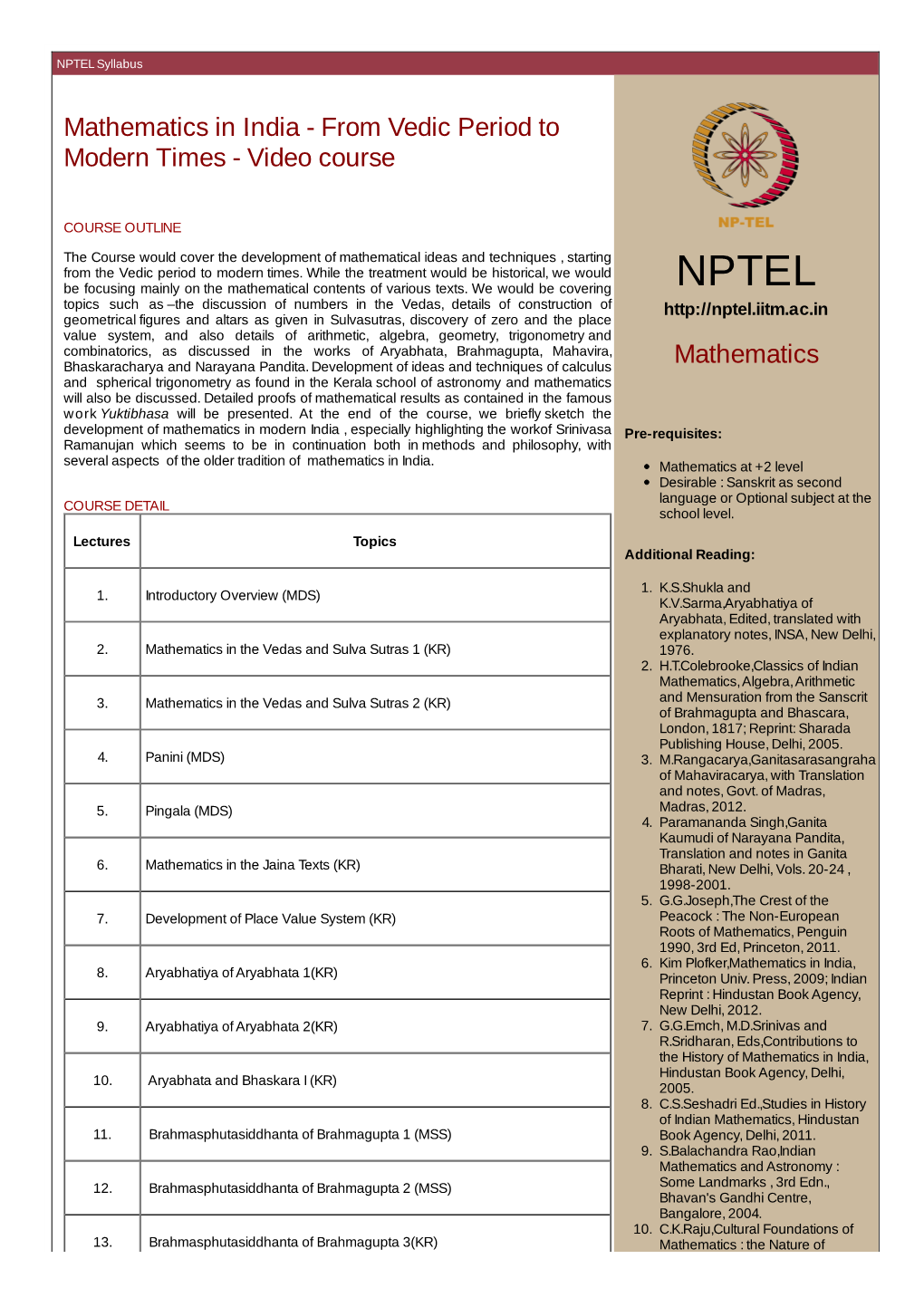 Mathematics in India - from Vedic Period to Modern Times - Video Course