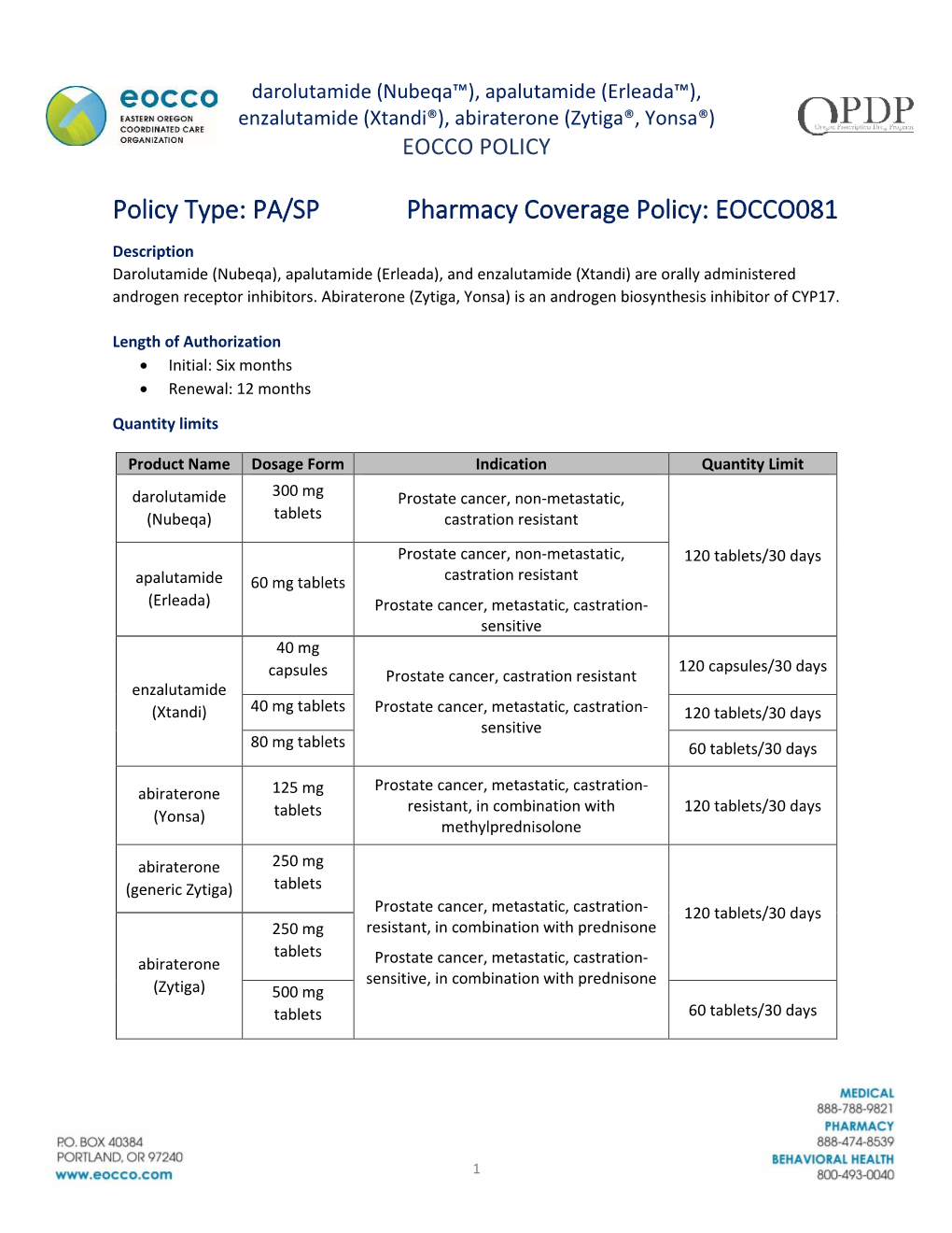 (Nubeqa™), Apalutamide (Erleada™), Enzalutamide (Xtandi®), Abiraterone (Zytiga®, Yonsa®) EOCCO POLICY