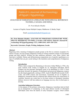 Analysis of Indigenous Literature with Special Reference to India, Canada and Nepal Pjaee, 17 (7) (2020)