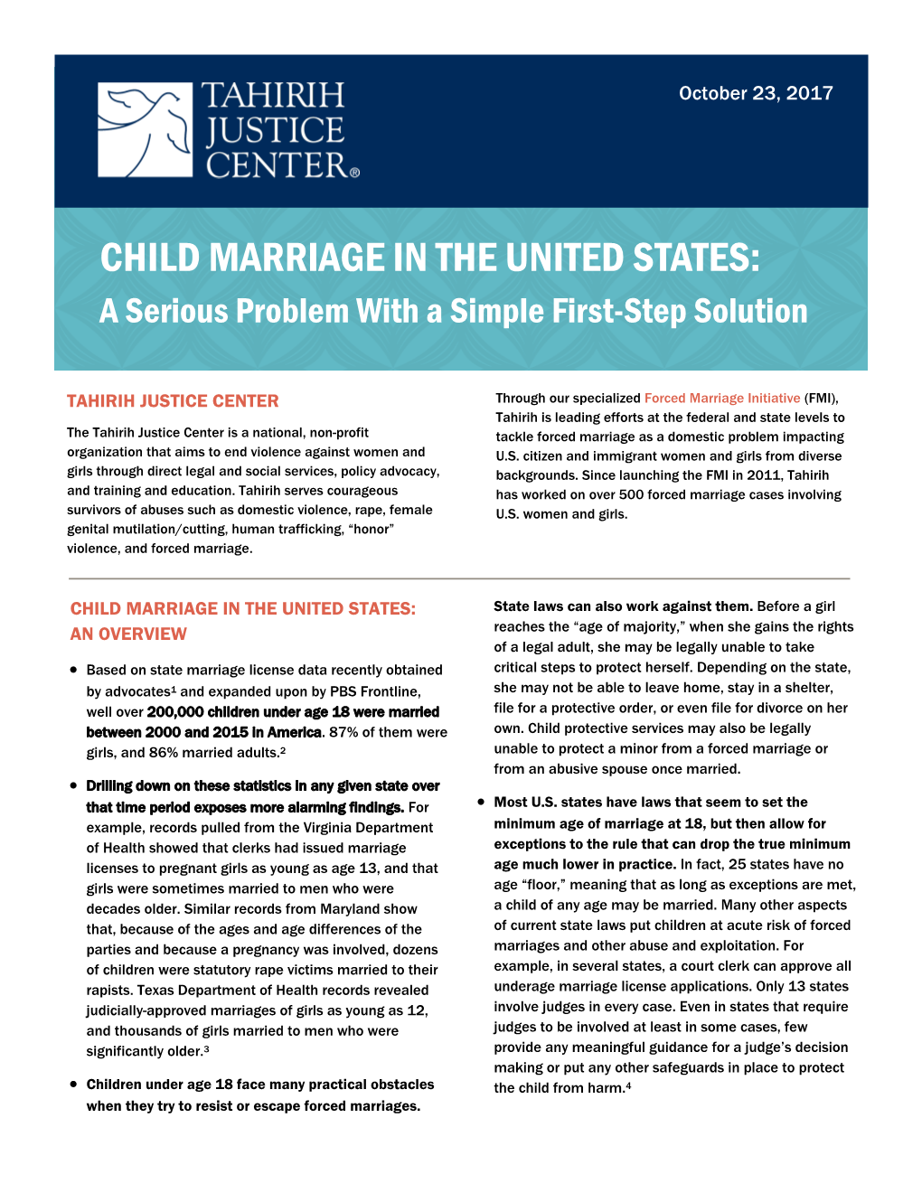 CHILD MARRIAGE in the UNITED STATES: a Serious Problem with a Simple First-Step Solution