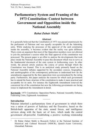 Parliamentary System and Framing of the 1973 Constitution: Contest Between Government and Opposition Inside the National Assembly