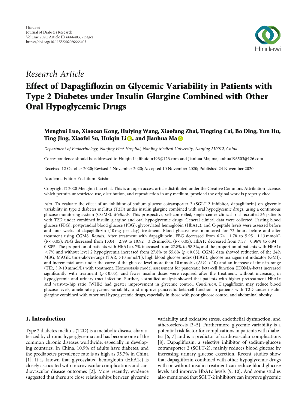 Effect of Dapagliflozin on Glycemic Variability in Patients with Type 2 Diabetes Under Insulin Glargine Combined with Other Oral Hypoglycemic Drugs