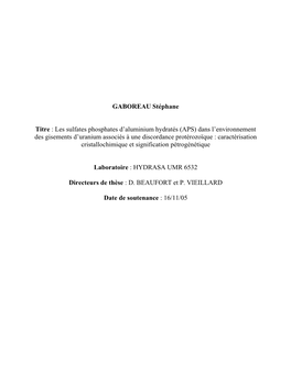 GABOREAU Stéphane Titre : Les Sulfates Phosphates D'aluminium Hydratés (APS) Dans L'environnement Des Gisements D'uraniu