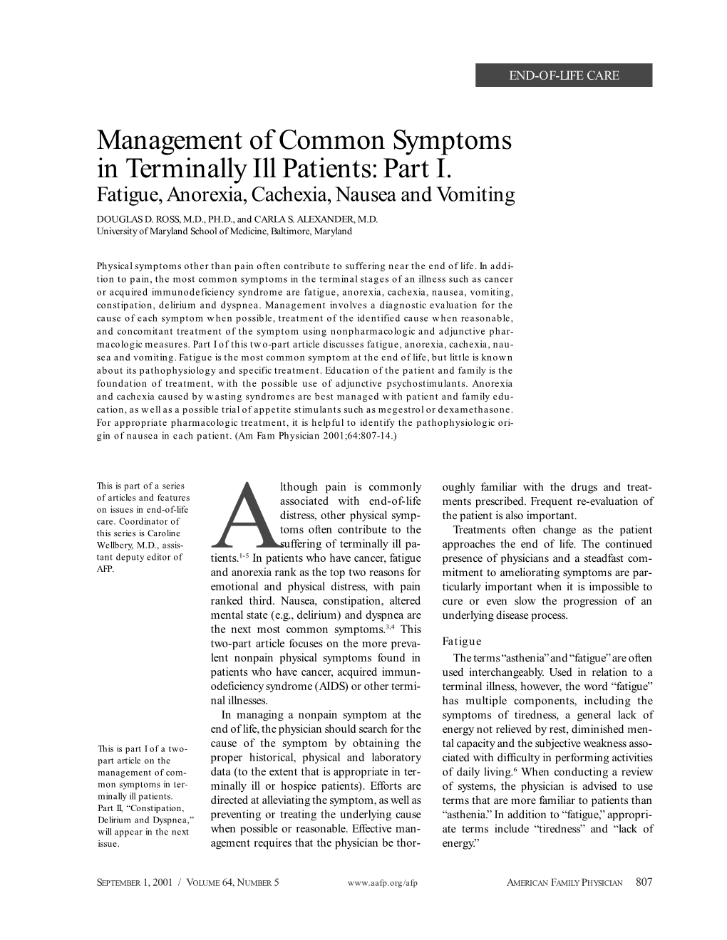 Management of Common Symptoms in Terminally Ill Patients: Part I