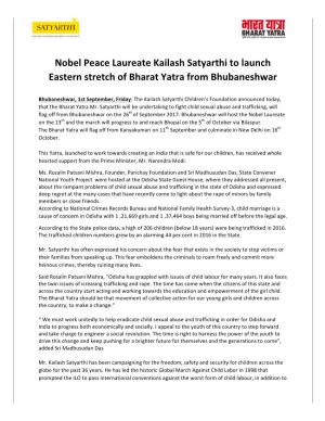 Nobel Peace Laureate Kailash Satyarthi to Launch Eastern Stretch of Bharat Yatra from Bhubaneshwar