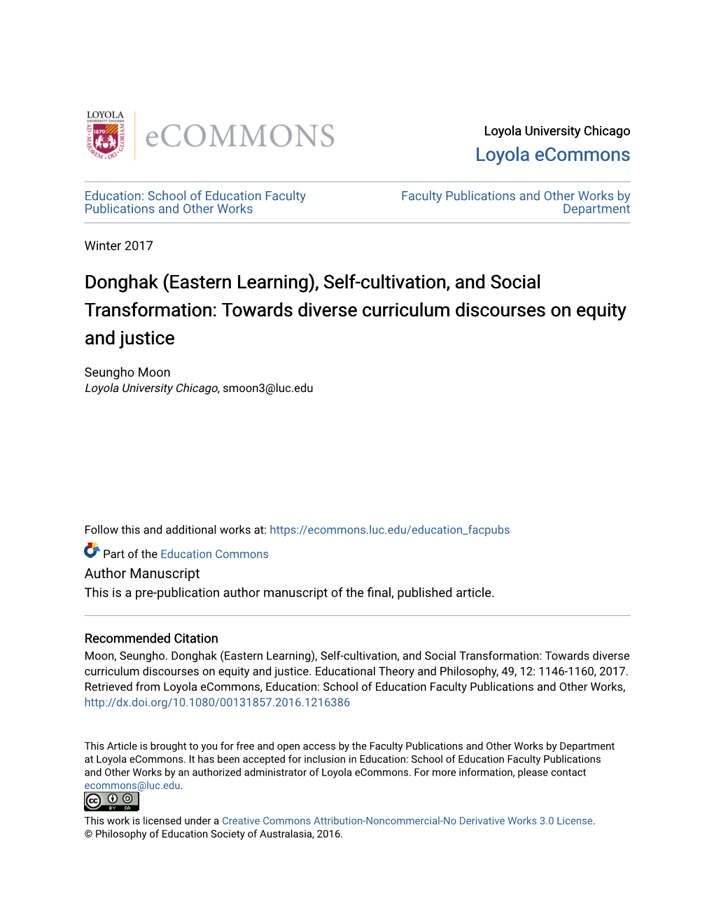 Donghak (Eastern Learning), Self-Cultivation, and Social Transformation: Towards Diverse Curriculum Discourses on Equity and Justice