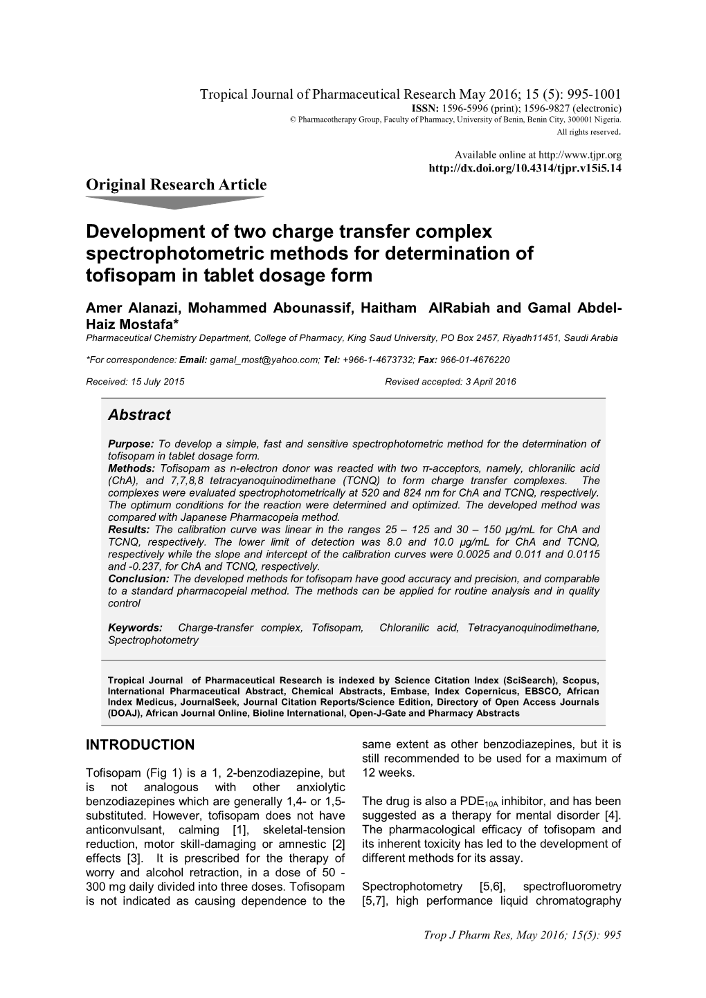 Development of Two Charge Transfer Complex Spectrophotometric Methods for Determination of Tofisopam in Tablet Dosage Form