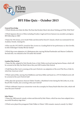 BFI Film Quiz – October 2015
