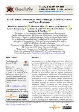 Rice Landrace Conservation Practice Through Collective Memory and Toraja Foodways