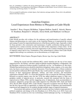Anatolian Empires: Local Experiences from Hittites to Phrygians at Çadır Höyük