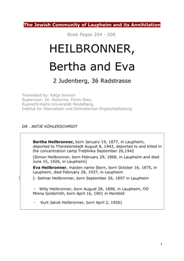 HEILBRONNER, Bertha and Eva 2 Judenberg, 36 Radstrasse