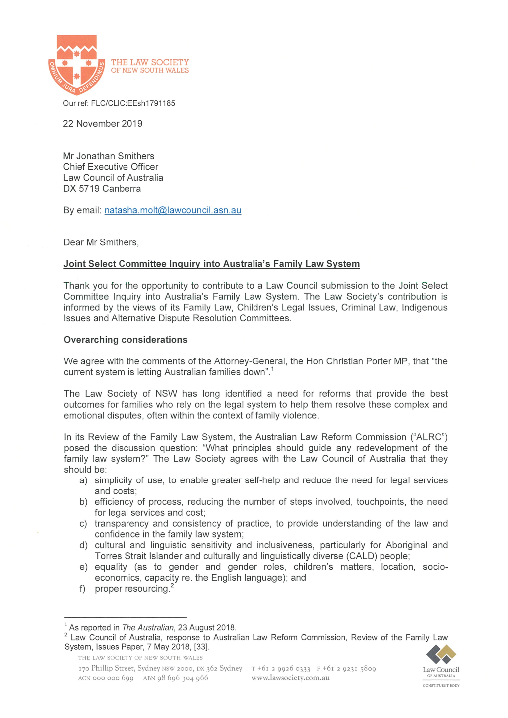 Letter to Law Council of Australia on Australian Law Reform Commission, Review of the Family Law System, Final Report, 26 August 2019, P 5