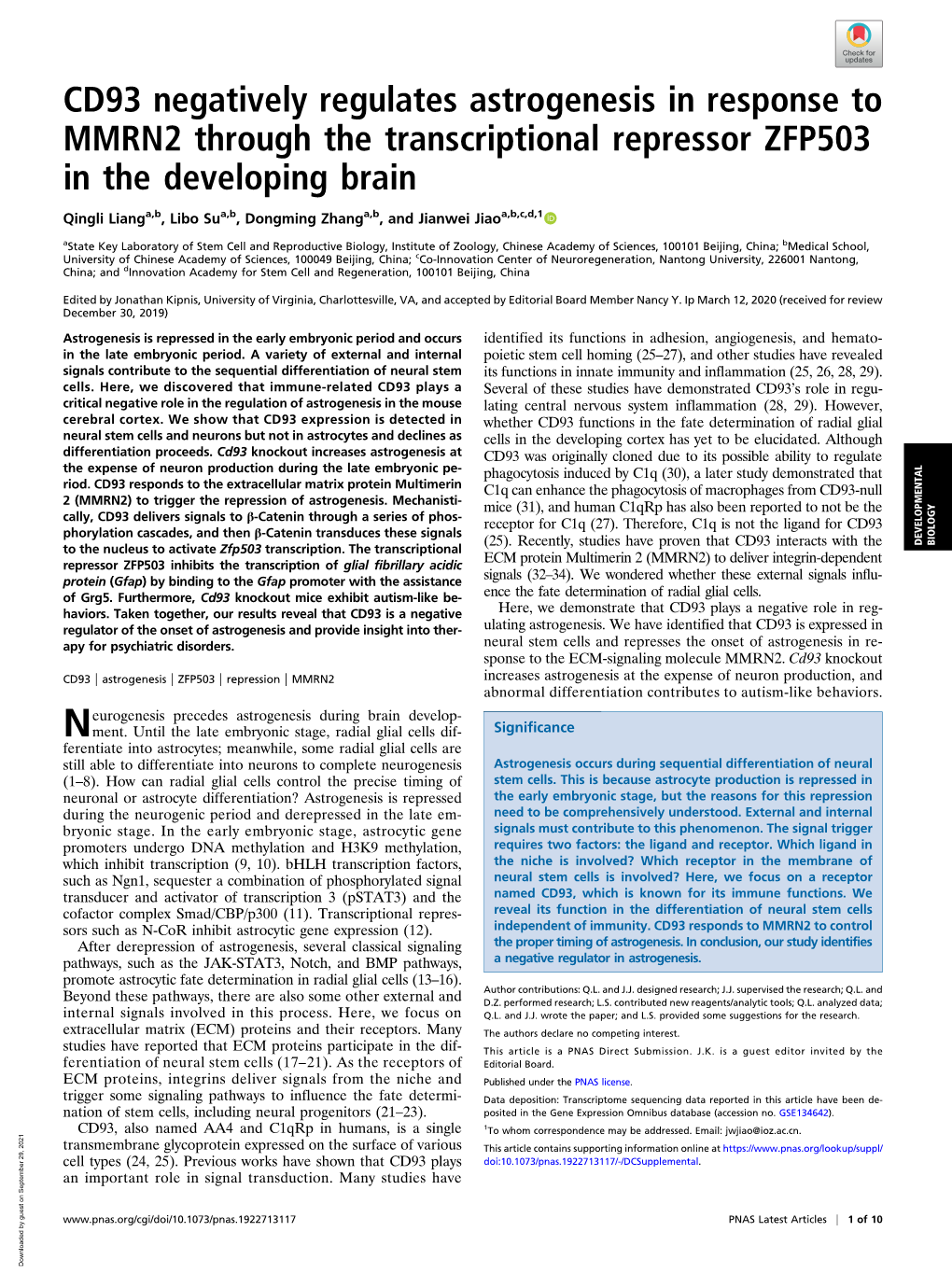 CD93 Negatively Regulates Astrogenesis in Response to MMRN2 Through the Transcriptional Repressor ZFP503 in the Developing Brain