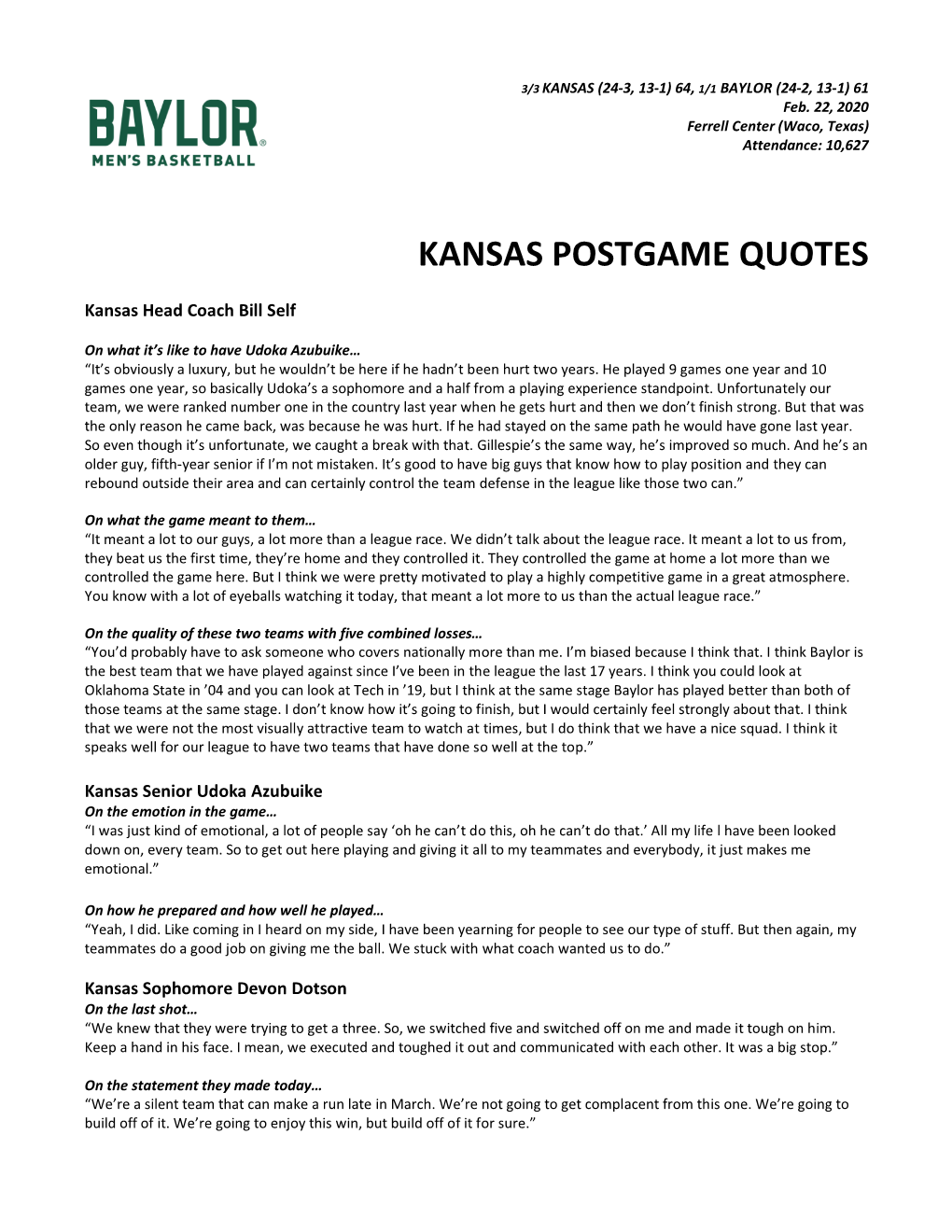 Kansas Postgame Quotes