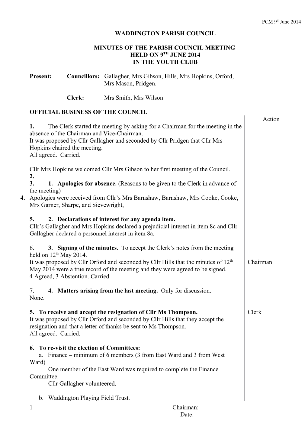 Minutes of the Parish Council Meeting