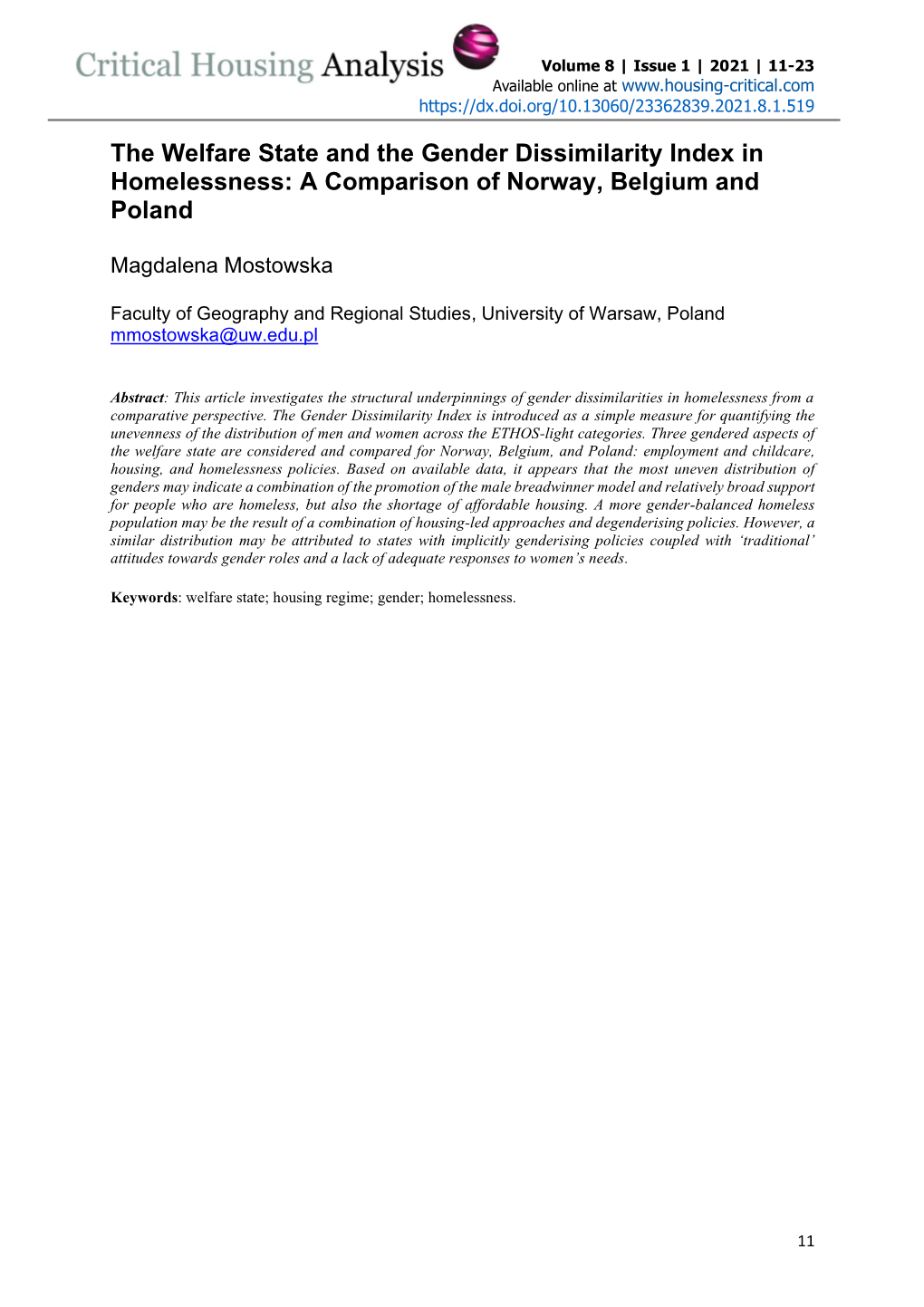 The Welfare State and the Gender Dissimilarity Index in Homelessness: a Comparison of Norway, Belgium and Poland