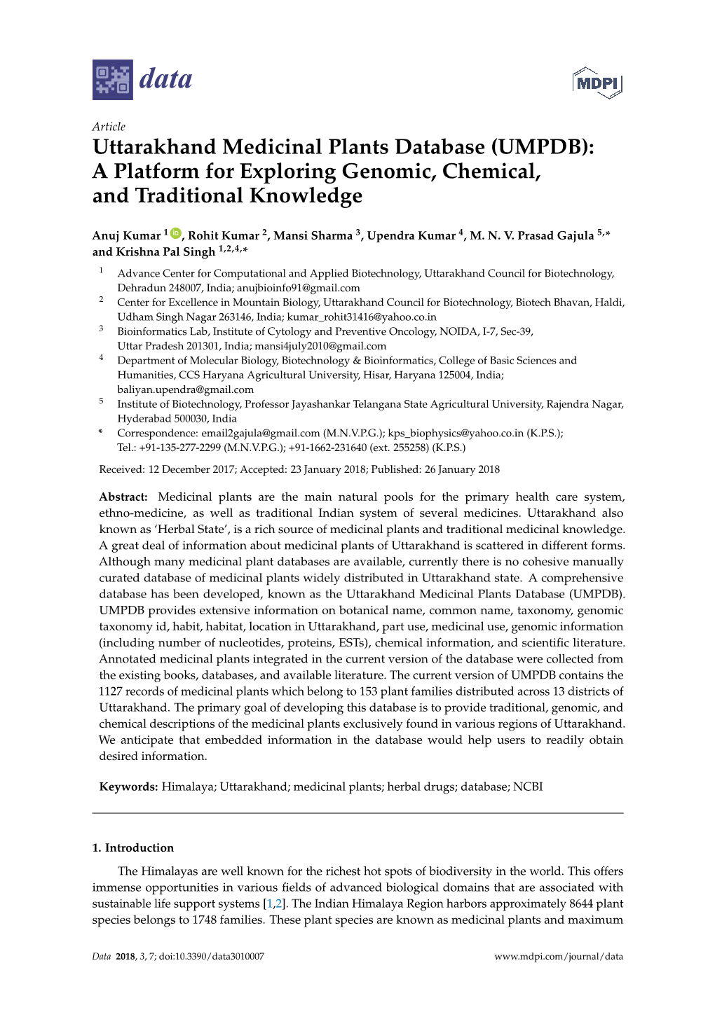 Uttarakhand Medicinal Plants Database (UMPDB): a Platform for Exploring Genomic, Chemical, and Traditional Knowledge