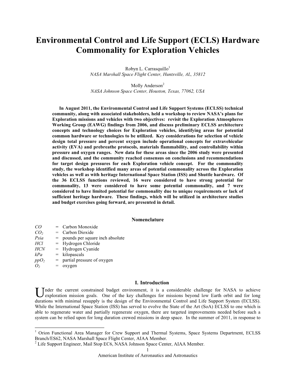 Environmental Control and Life Support (ECLS) Hardware Commonality for Exploration Vehicles