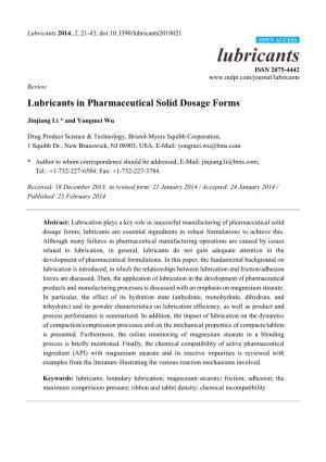 Lubricants in Pharmaceutical Solid Dosage Forms