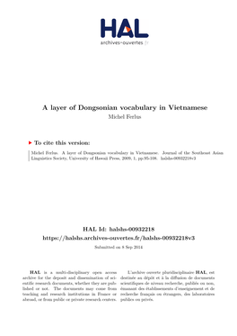 A Layer of Dongsonian Vocabulary in Vietnamese Michel Ferlus