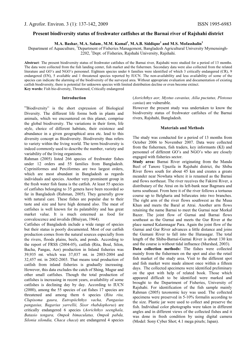 Present Biodiversity Status of Freshwater Catfishes at the Barnai River of Rajshahi District