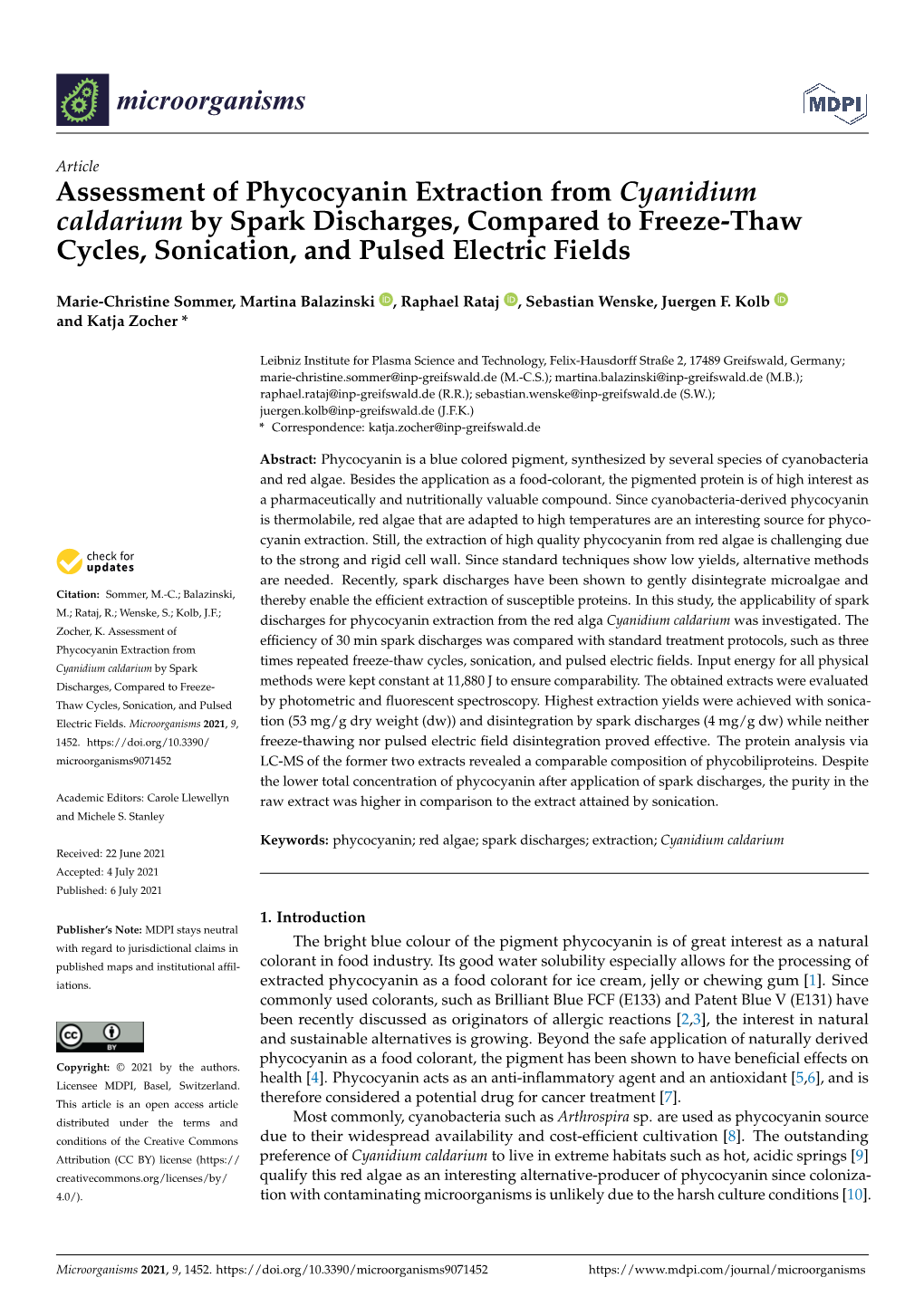 Assessment of Phycocyanin Extraction from Cyanidium Caldarium by Spark Discharges, Compared to Freeze-Thaw Cycles, Sonication, and Pulsed Electric Fields