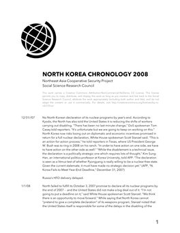 NORTH KOREA CHRONOLOGY 2008 Northeast Asia Cooperative Security Project Social Science Research Council